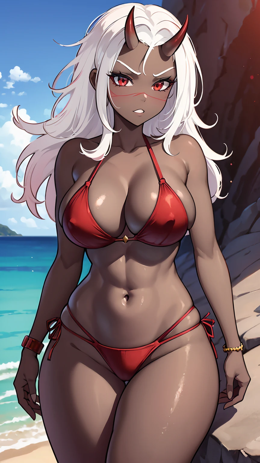 1 girl,dark skin,red bikini,micro bikini,sling bikini, cleavage breasts,huge breasts,white hair,colored skin,large breasts,busty,high resolution,4k,horns,calamitas,gamer,horns,look atviewer, sinister,smug,hi quality,top quality,perfect body,close up,calamitas
