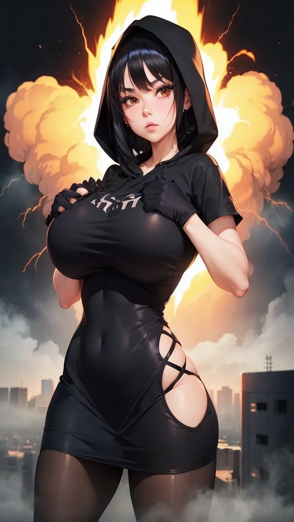 city, fog, (huge boobs), (huge hips), darkness woman black hair, black red hoodie mini dress, pantyhose, hood, gloves, fog, boom, ( lightning background), (((two arms crossed  hoodie))),