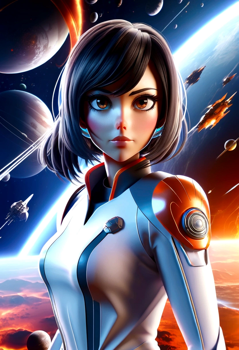 A female astronaut, extremely detailed and realistic, surrounded by gigantic starships engaged in an epic space battle, with detailed galactic conflict and photorealistic planets in the background, (best quality,4k,8k,highres,masterpiece:1.2),ultra-detailed,(realistic,photorealistic,photo-realistic:1.37),cinematic lighting,dramatic atmosphere,intense action,vibrant colors,dramatic pose,muscular body,highly detailed facial features,hyperrealistic space environment,large ,scifi,science fiction