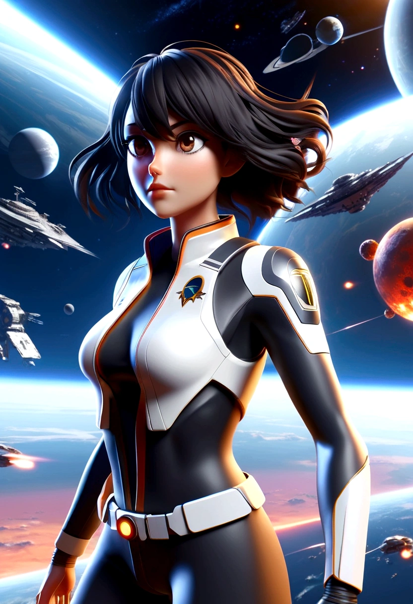 A female astronaut, extremely detailed and realistic, surrounded by gigantic starships engaged in an epic space battle, with detailed galactic conflict and photorealistic planets in the background, (best quality,4k,8k,highres,masterpiece:1.2),ultra-detailed,(realistic,photorealistic,photo-realistic:1.37),cinematic lighting,dramatic atmosphere,intense action,vibrant colors,dramatic pose,muscular body,highly detailed facial features,hyperrealistic space environment,large ,scifi,science fiction