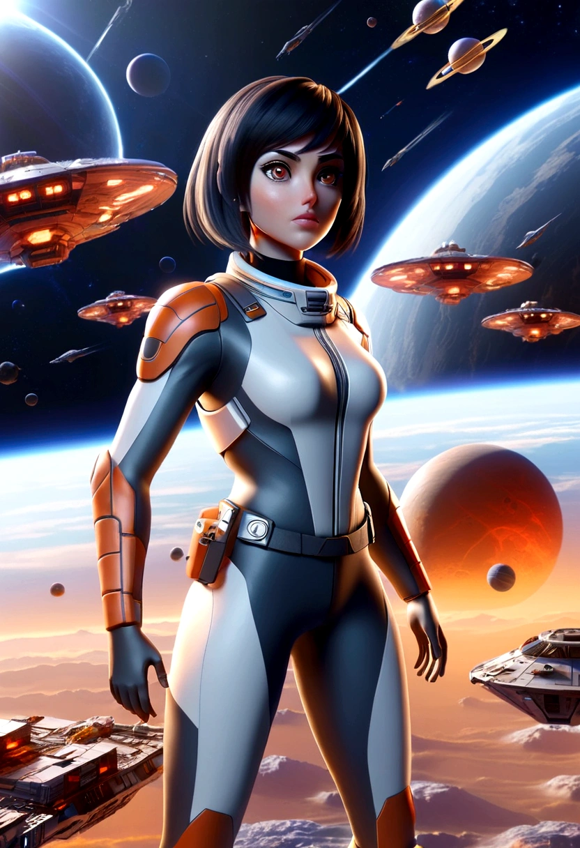 A female astronaut, extremely detailed and realistic, surrounded by gigantic starships engaged in an epic space battle, with detailed galactic conflict and photorealistic planets in the background, (best quality,4k,8k,highres,masterpiece:1.2),ultra-detailed,(realistic,photorealistic,photo-realistic:1.37),cinematic lighting,dramatic atmosphere,intense action,vibrant colors,dramatic pose,muscular body,highly detailed facial features,hyperrealistic space environment,large ,scifi,science fiction