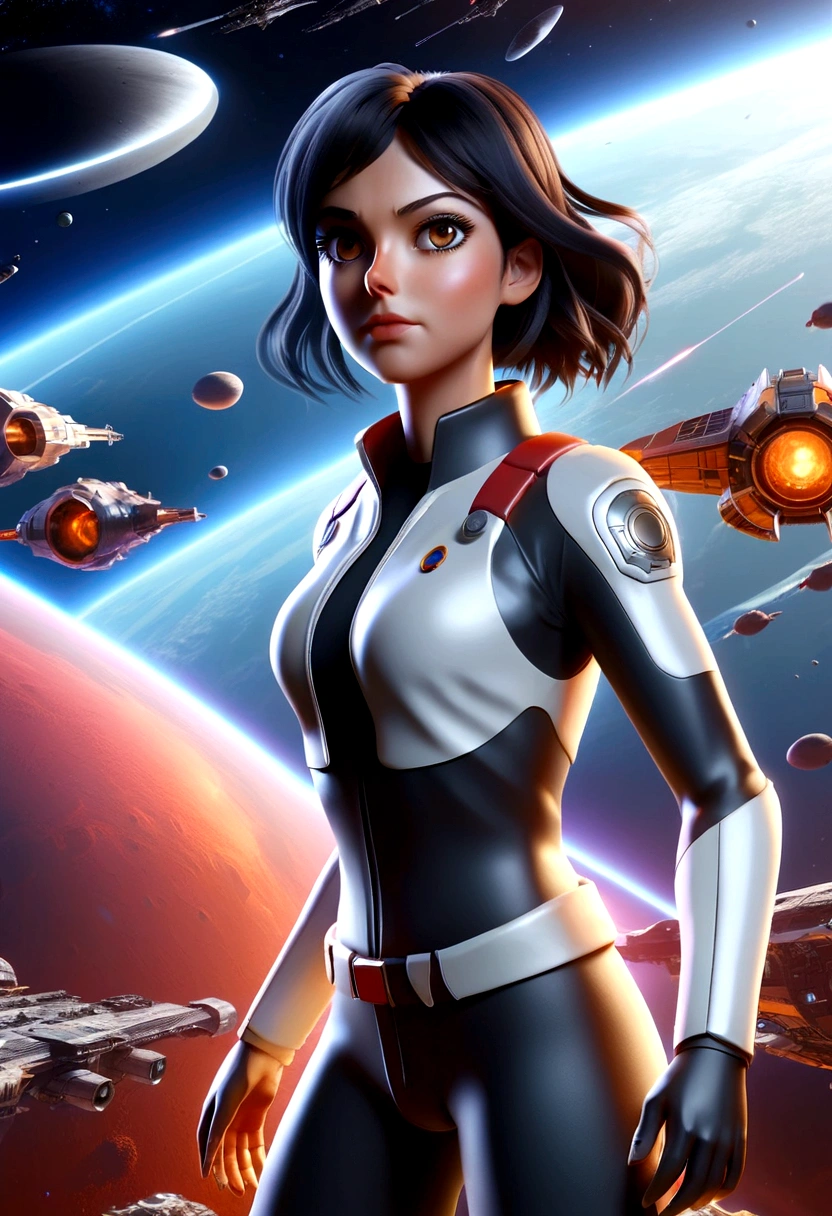 A female astronaut, extremely detailed and realistic, surrounded by gigantic starships engaged in an epic space battle, with detailed galactic conflict and photorealistic planets in the background, (best quality,4k,8k,highres,masterpiece:1.2),ultra-detailed,(realistic,photorealistic,photo-realistic:1.37),cinematic lighting,dramatic atmosphere,intense action,vibrant colors,dramatic pose,muscular body,highly detailed facial features,hyperrealistic space environment,large ,scifi,science fiction