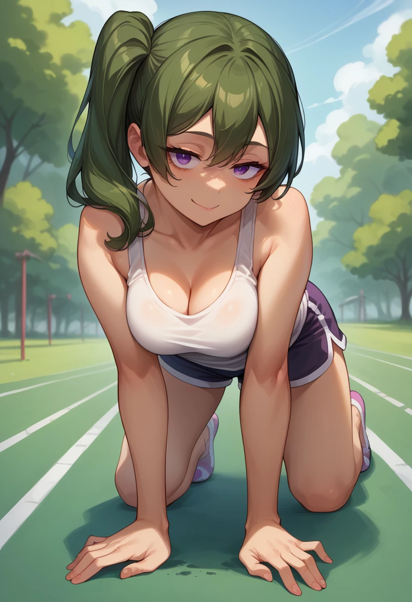 score_9, score_8_superior, sauce_anime, One girl, alone, Uberfreeze, Purple eyes, Dark green hair, Medium Hair, Side Ponytail, On all fours, ベッドのsuperior, Cleavage, Captivating smile, Tank top, Down blouse, Gym Shorts, 