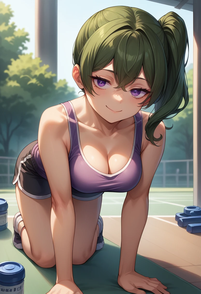 score_9, score_8_superior, sauce_anime, One girl, alone, Uberfreeze, Purple eyes, Dark green hair, Medium Hair, Side Ponytail, On all fours, ベッドのsuperior, Cleavage, Captivating smile, Tank top, Down blouse, Gym Shorts, 