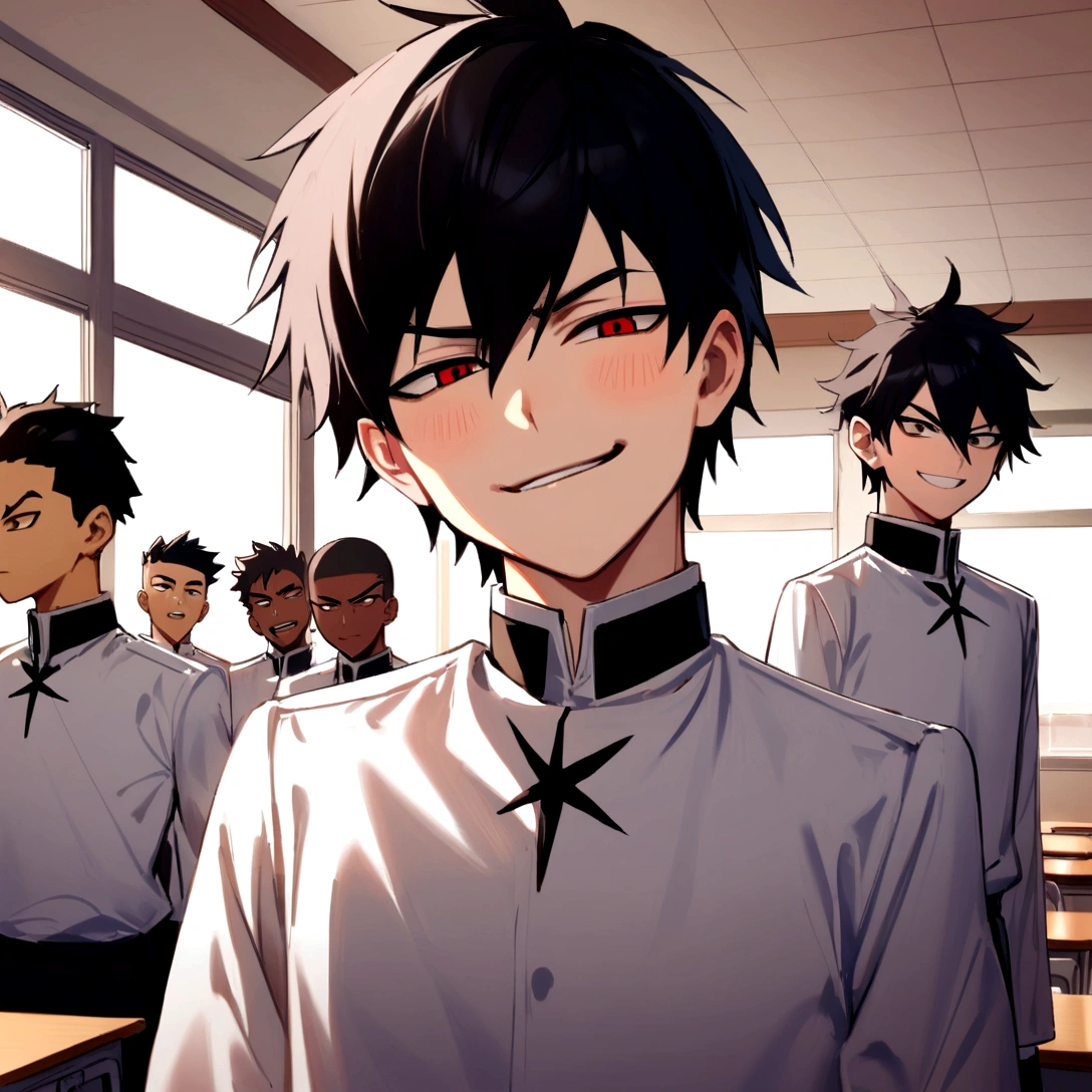 boys, a rogue group, reckless young boys, bullies, dressing white scholar uniforms, at school settings, the leader boy smirking in center, classroom background.