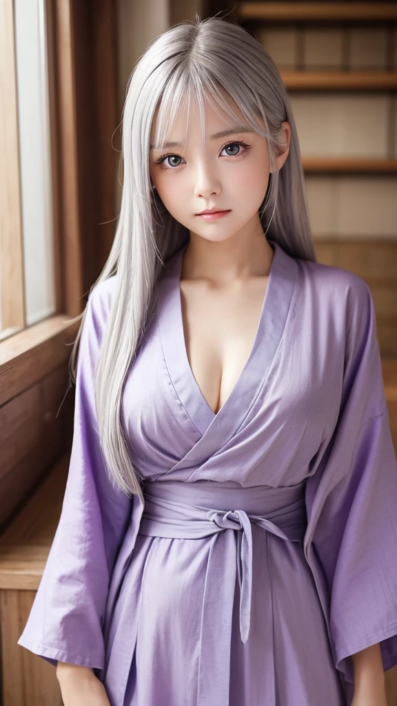 Highest quality、Swedish girls、1people、(hair silver)、(Gray Eyes)Baby Face、My breasts are a little large、Short、(Combining Western-style dress and Japanese kimono)、(Color Purple)Short and sexy、