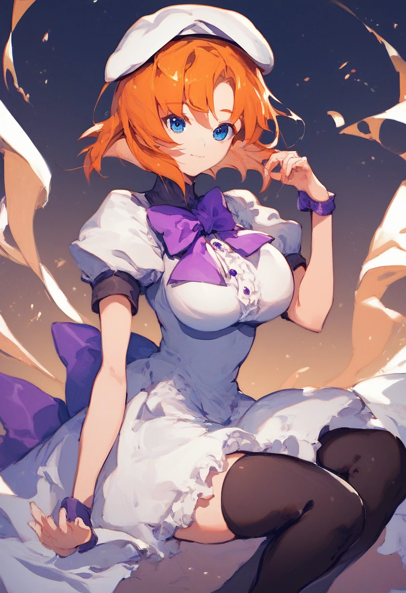 rena ryuuguu, orange hair, short hair, blue eyes, large breasts,, Live Stage, solo, beret, black thighhighs, bow, bowtie, dress, hat, puffy short sleeves, puffy sleeves, purple bow, purple bowtie, short sleeves, thighhighs, white dress, zettai ryouiki,