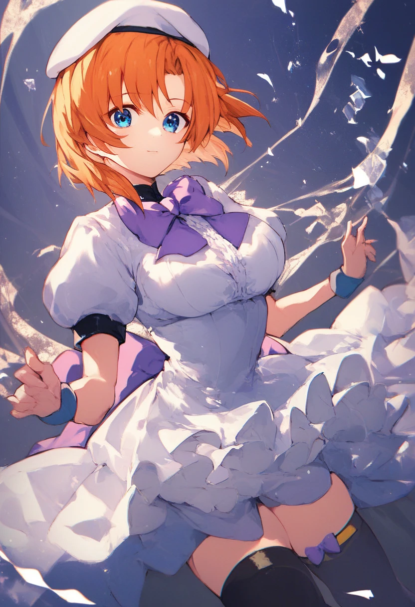 rena ryuuguu, orange hair, short hair, blue eyes, large breasts,, Live Stage, solo, beret, black thighhighs, bow, bowtie, dress, hat, puffy short sleeves, puffy sleeves, purple bow, purple bowtie, short sleeves, thighhighs, white dress, zettai ryouiki,