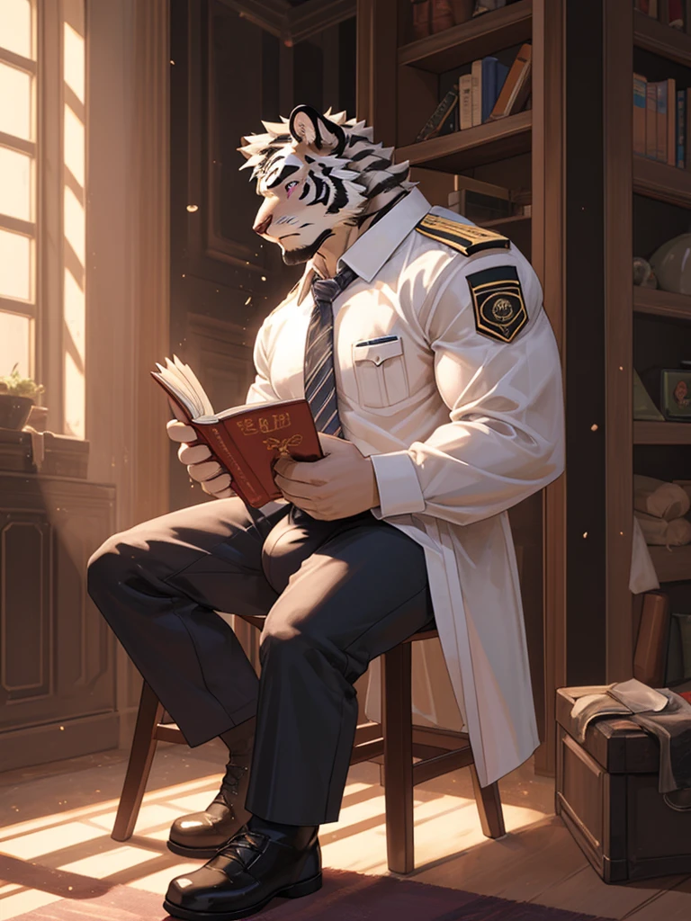 {{bara extremely handsome white tiger,}} {{white fur,}} white, wearing military like purple trench coat purple trousers and white dress shirt and necktie, white fluffy furry body and limbs, loafers, very tall, very broad shoulders, narrow waist, muscular arms, massive pecs, purple eyes, very long legs, sitting on swivel chair with legs spread, massive bulge, reading file, sophisticated smart look, full body, sunlight casting over, 3/4 view, best quality, high quality, silver earring on left ear, dead stare, cold expression