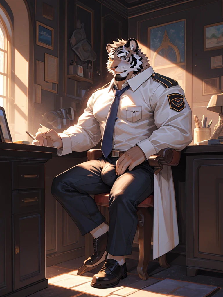 {{bara extremely handsome white tiger,}} {{white fur,}} white, wearing military like purple trench coat purple trousers and white dress shirt and necktie, white fluffy furry body and limbs, loafers, very tall, very broad shoulders, narrow waist, muscular arms, massive pecs, purple eyes, very long legs, sitting on swivel chair with legs spread, massive bulge, reading file, sophisticated smart look, full body, sunlight casting over, 3/4 view, best quality, high quality, silver earring on left ear, dead stare, cold expression