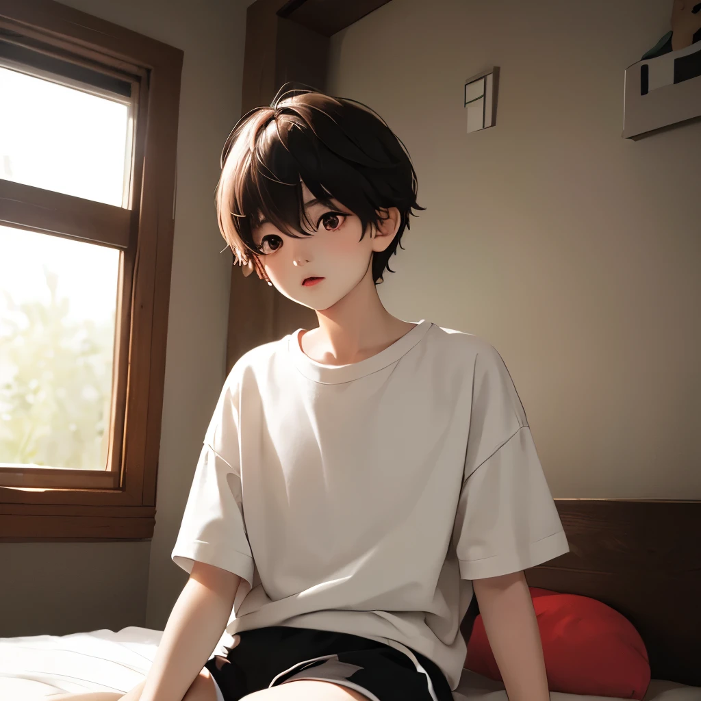 boy, 1 boy, , cute , small, Pinkish white skin, Short black hair, two-block style., conjunctivitis, Wear Black, loose shorts., Take off your shirt.., sitting on the bed, slim body,