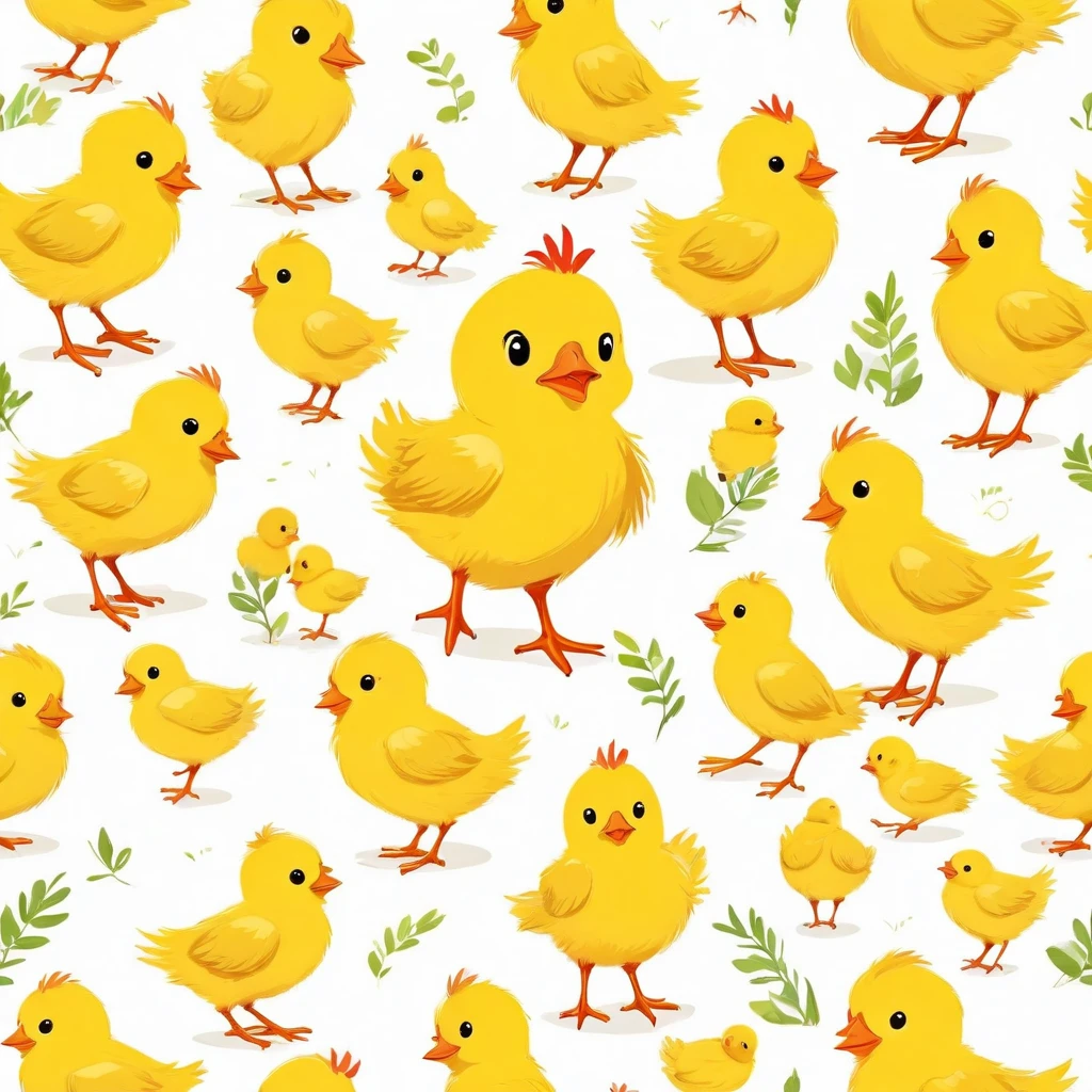 a chick, illustration, flat, cute, children's book, multiple poses and expressions, (isolated white background:1.3)