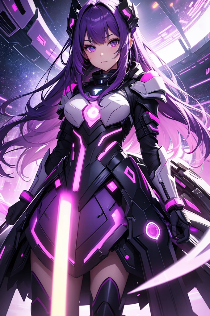 a girl, long purple hair, luminous armor plate dress, abstract, vibrant, neon, space effects, futuristic