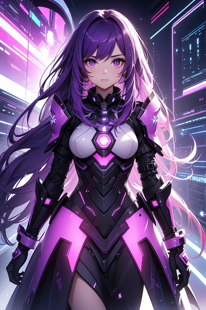 a girl, long purple hair, luminous armor plate dress, abstract, vibrant, neon, space effects, futuristic
