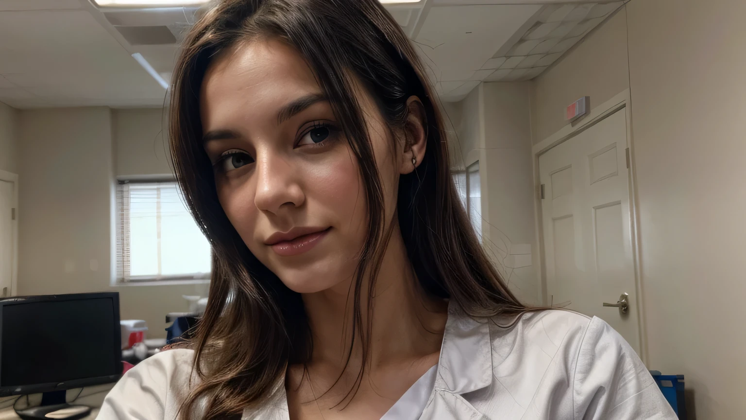 image of a beautiful woman, 27 year old, Nurse, dark-haired white, working at the hospital