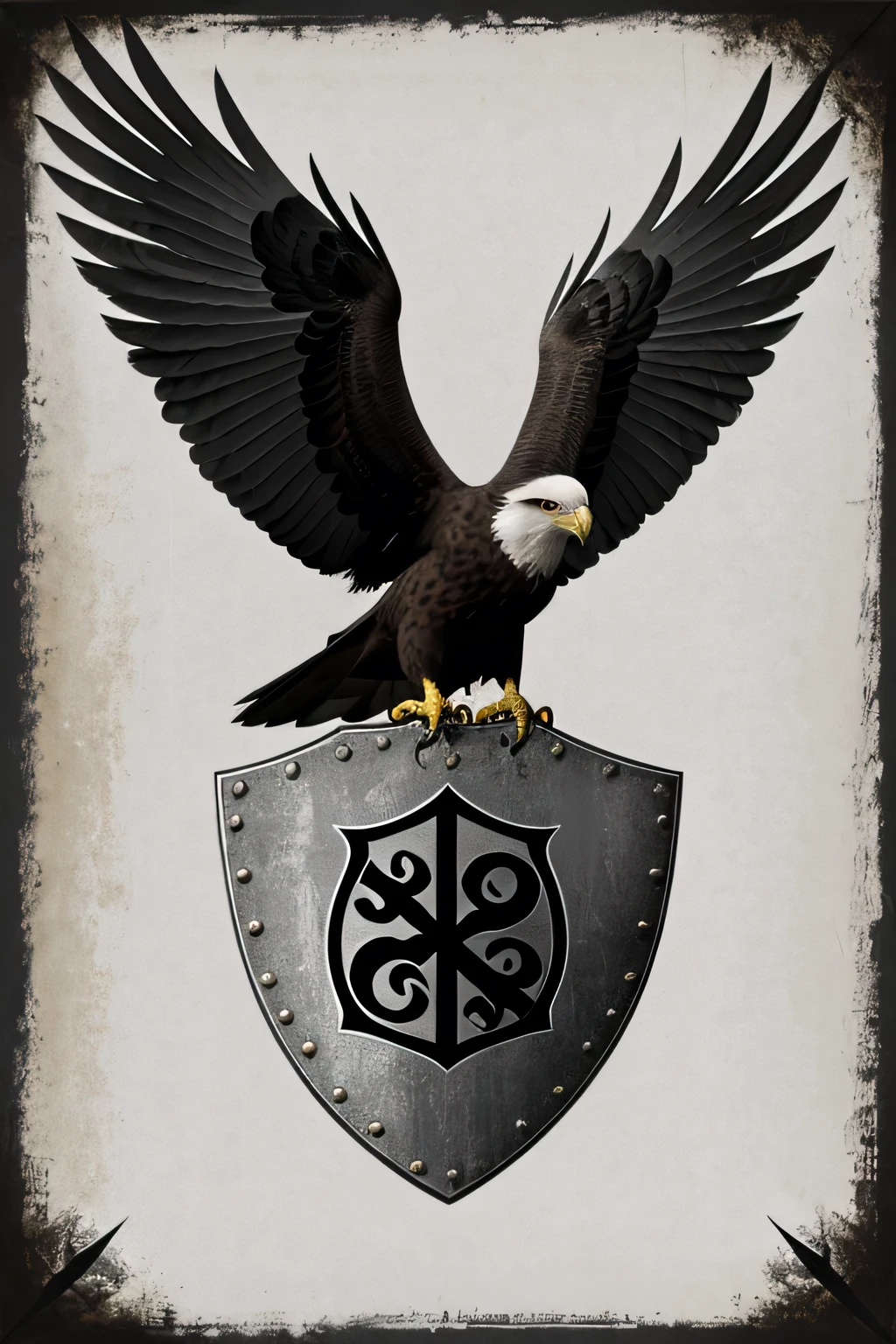 Description of the TOV Clan Shield Shape of the Shield:
Base: The shield will have a classic medieval shield shape, with a straight top and a curve at the bottom, ending in a sharp point.
Borders: Borders gruesos en plata metálica, with an intricate filigree design to give a feeling of nobility and strength.
Main Symbol:
Hail Boy: A falcon or eagle in flight, with wings extended upwards and claws downwards. The bird will have a realistic appearance with detailed feathers and defined musculature.
Bird Color: Black with touches of dark gray to highlight the details of the feathers and give it an imposing look.
Eyes: Eyes resplandecientes en rojo brillante para simbolizar vigilancia y ferocidad.
Shield Background:
Background color: A matte black background, which provides a strong contrast with the silver details and the bird.
Additional details: Shadows and texture effects that simulate aged metal, giving it an old and robust look.
Additional items:
Bird Claws: The claws will be extended and appear ready to attack, with metallic gray details.
Feathers on the Wings: Additional feather details in shades of gray and black, with a texture that simulates realism.
Branches or Thorns: At the bottom of the shield, around the tip, there may be thorny branches or metallic thorns, symbolizing defense and danger.
Inscription:
Clan name: "Clan TOV" will be inscribed at the base of the shield in silver Gothic letters, with a subtle shine effect.
Motto: under the name, on a rolled up banner, could be the clan motto: "For absolute dominion."
