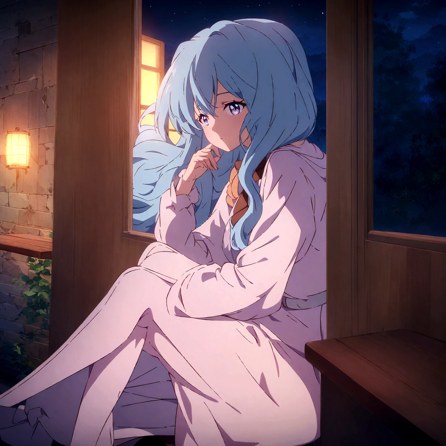 Anime girl sitting on a bench looking out the window, Anime Style 4k, 4k anime wallpaper, anime art wallpaper 4k, anime art wallpaper 4k, Anime Art Wallpapers 8K, anime wallpaper 4k, anime wallpaper 4k, Gweiz-style artwork, Enchanting anime girl, 4K Manga Wallpapers,Looking out the window at the night view,Holding a cup of coffee in one hand,