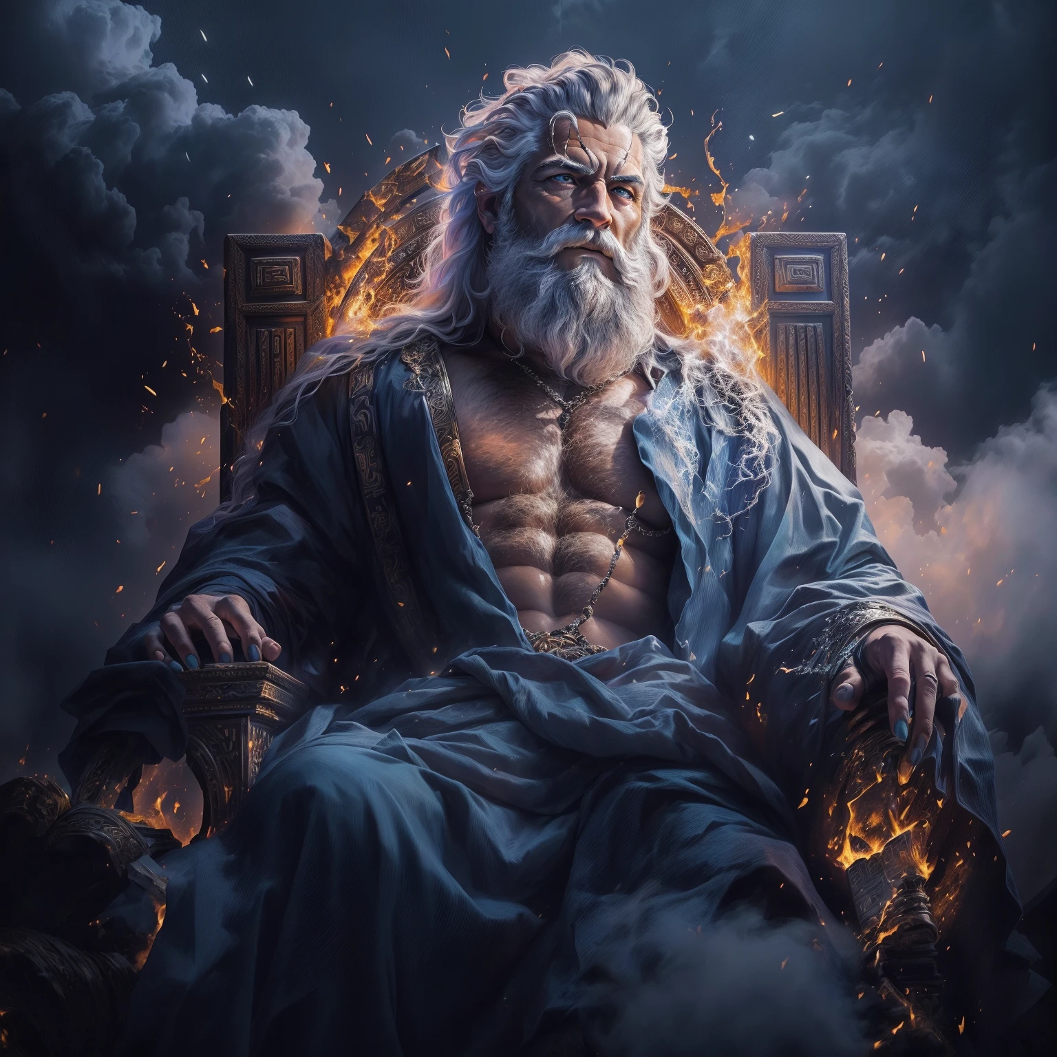 arafed image of a man sitting in a throne with a fire in his hand, furious god zeus, the god zeus, the god hades, epic scene of zeus, greek god, the god poseidon, ancient god, painted portrait of rugged zeus, ancient blacksmith god, father time, the god hephaestus, greek myth digital painting, norse god