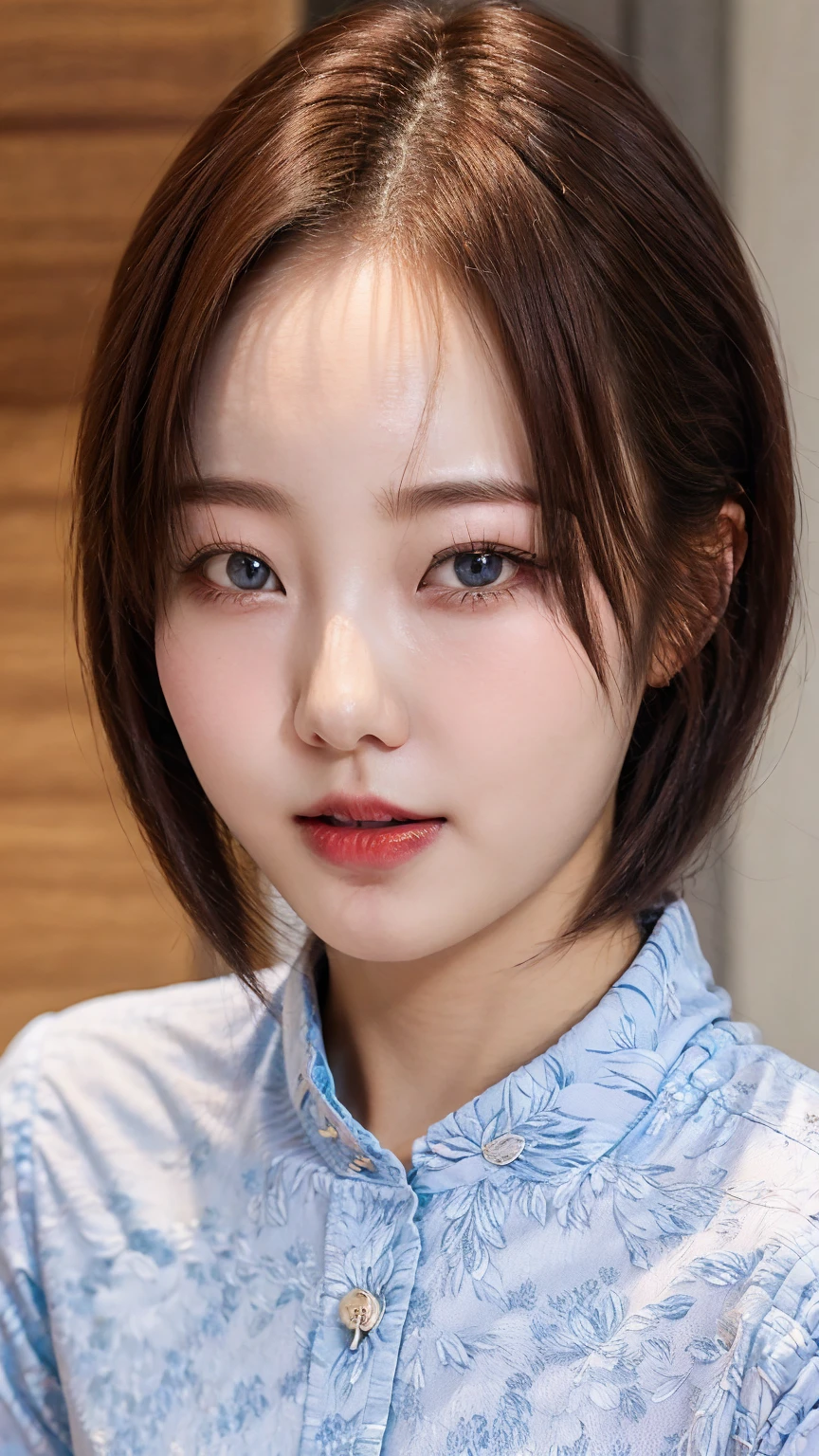 Cheating young wife、Super detailed、Particles of light:0.5、Shiny and smooth skin texture、Beautiful clear blue eyes、dorsal position、Mouth half open、Natural Texture、Short Hair、、Mature slender beauty、Small breasts、Dignified face、Boyfriend Shirt、Long dress shirt