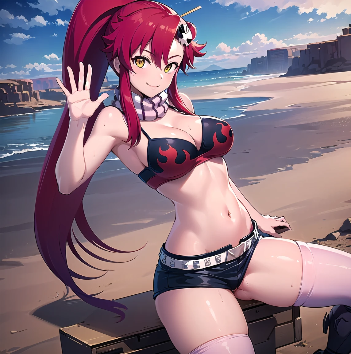 ((1 girl)), ((alone)),yoko littner, ((Extremely detailed CG unity 4k wallpaper)), (Masterpiece), (ultra quality), (Ultra detailed), (best illustration), ( best shadow ), (extremely detailed), looking at viewer, (absurdities), (detailed background), curvy body, dynamic pose, cowboy photo, large breasts, medium waist, wide hips, medium thighs, round butt,(( hair ornament, skull ornament, long hair, ponytail, red hair, long hair, yellow eyes, smile, closed mouth), anti-material rifle, underwear, shorts, long hair, panties, open fly, ribbon, navel, camisole, black camisole, cleavage, smile, bow panties, two sides up, midriff, unbuttoned, denim shorts, open shorts, denim, sitting, unbuttoned, seductive, standing, cowboy photo, backlight, ((solo)), ((Standing: 1.4, deserted wasteland, apocalyptic landscape, sunny, clouds, (sexy smile, sexy pose: 1.4), Arms crossed, arms under breasts, )), looking forward, ( (focus on breasts)), pov: (from above), perfect anatomy, perfect hands