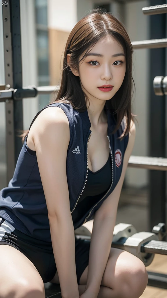 Highly detailed CG unity 8k wallpaper, of the highest quality, Super detailed, masutepiece, Realistic, photographrealistic, extremely detailed cute girl, 25yo, cleavage , (perspired) ,  Round eyes, peeping at the viewer,  Blush, Smile, parted lip, Semi-body shot , Realistic、track suit、Realistic reproduction with vests ,  Panties , Squat, sports gym