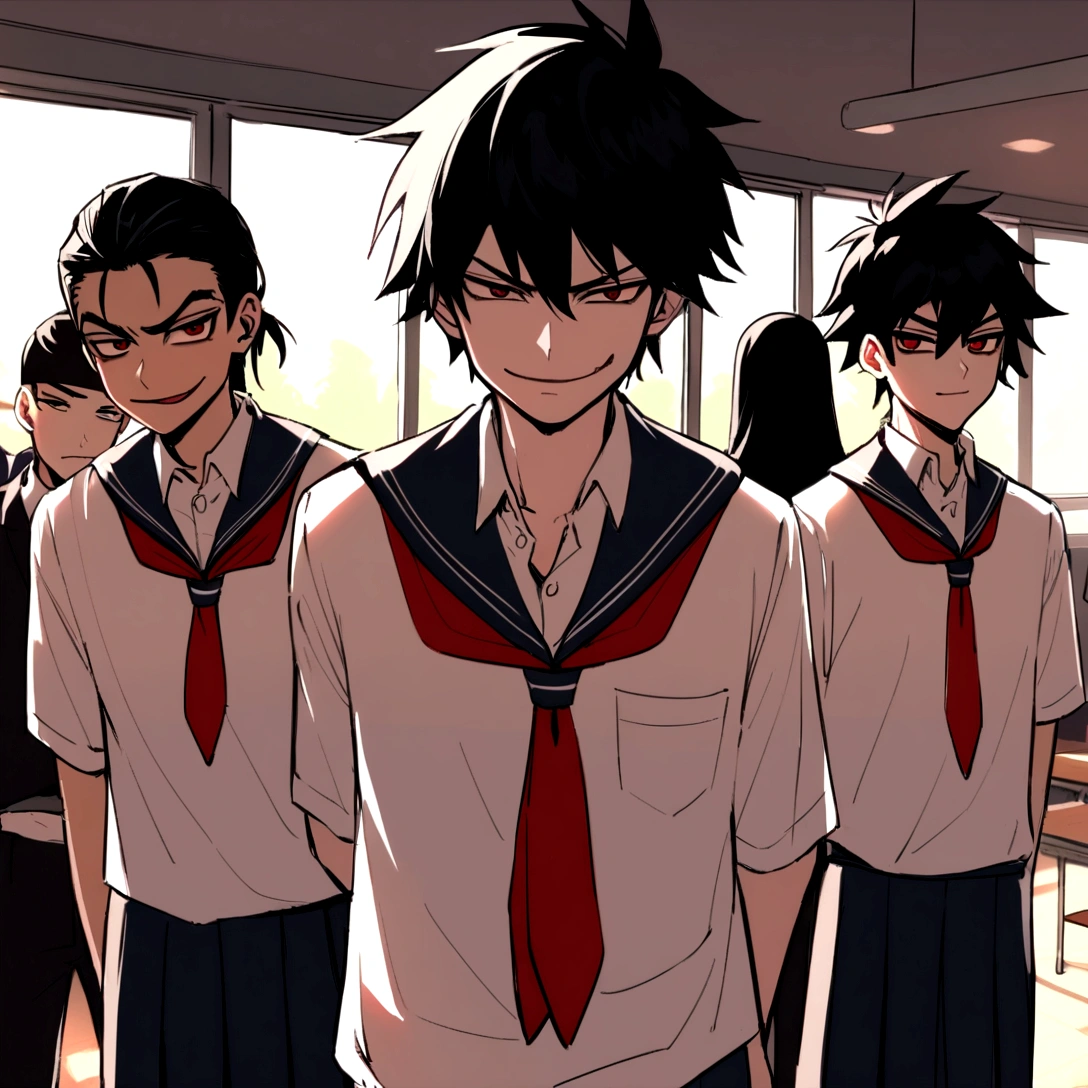 boys, a rogue group, reckless young boys, bullies, dressing dark and red college uniforms, at school settings, the leader boy smirking in center, classroom background.