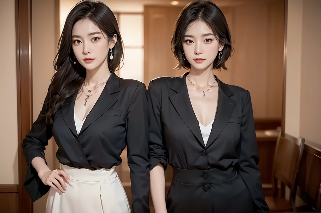 necklace, ring, watch, Earrings, (funeral:1.3), skirt, Black formal suit, whole body, slender, 40 year old Japanese, woman, Beautiful face, Highest quality, Ultra-high resolution, (realism: 1.4), Depth of written boundary, Beautiful Face, (Purelos Face_v1: 0.8), Two people, Natural Makeup,