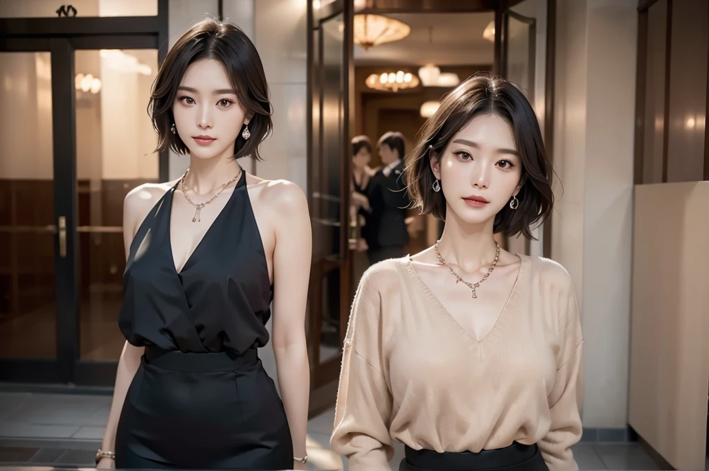 necklace, ring, watch, Earrings, (funeral:1.3), skirt, Black formal suit, whole body, slender, 40 year old Japanese, woman, Beautiful face, Highest quality, Ultra-high resolution, (realism: 1.4), Depth of written boundary, Beautiful Face, (Purelos Face_v1: 0.8), Two people, Natural Makeup,