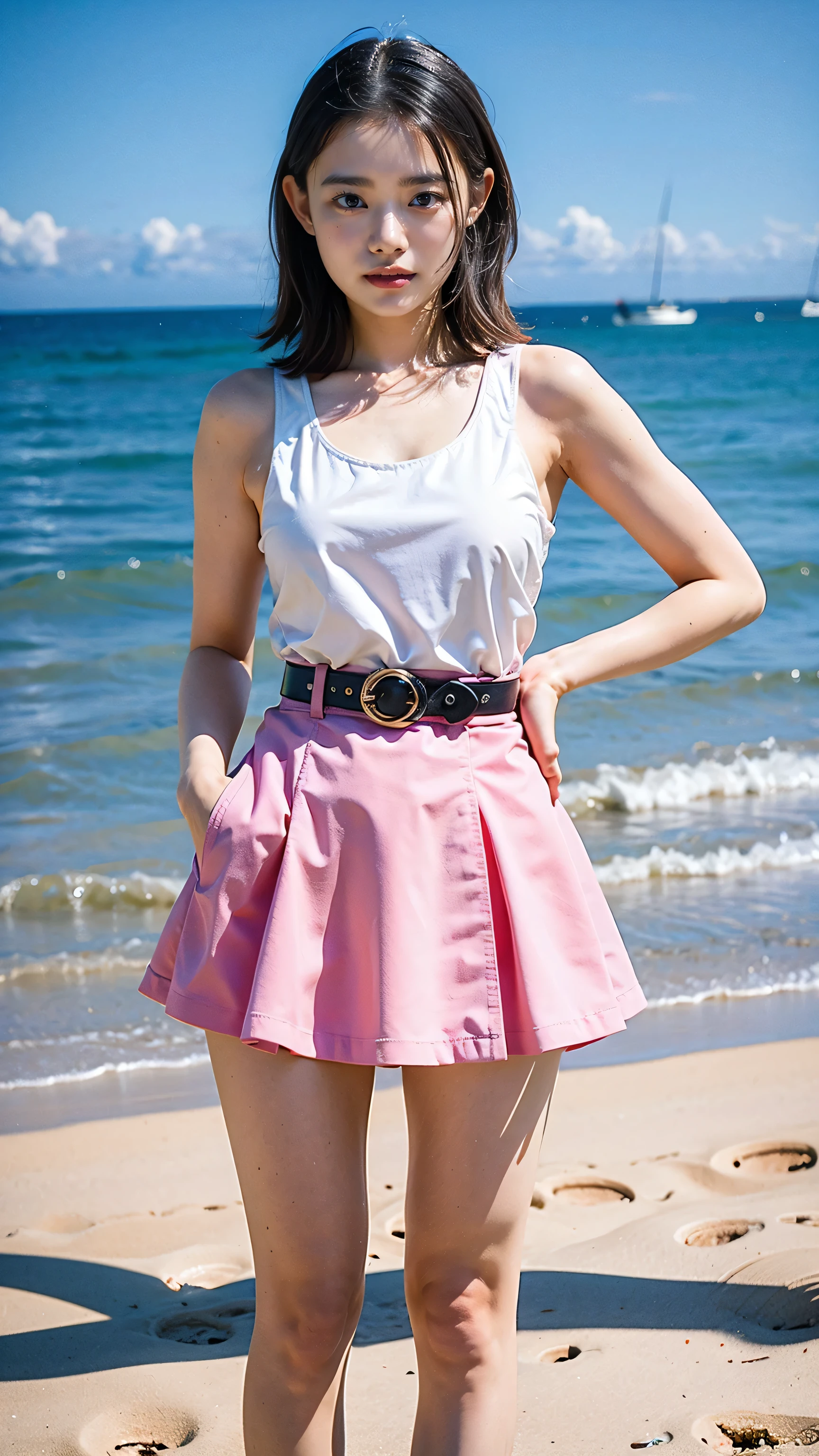 (8K、RAW Photos、Highest quality、masterpiece:1.2)、(Realistic、Realistic)、1 Girl、((mini skirt、Tank top、Beach、Black and Pink、Thin legs、Looking into the camera、belt、Stand with hands on hips))、