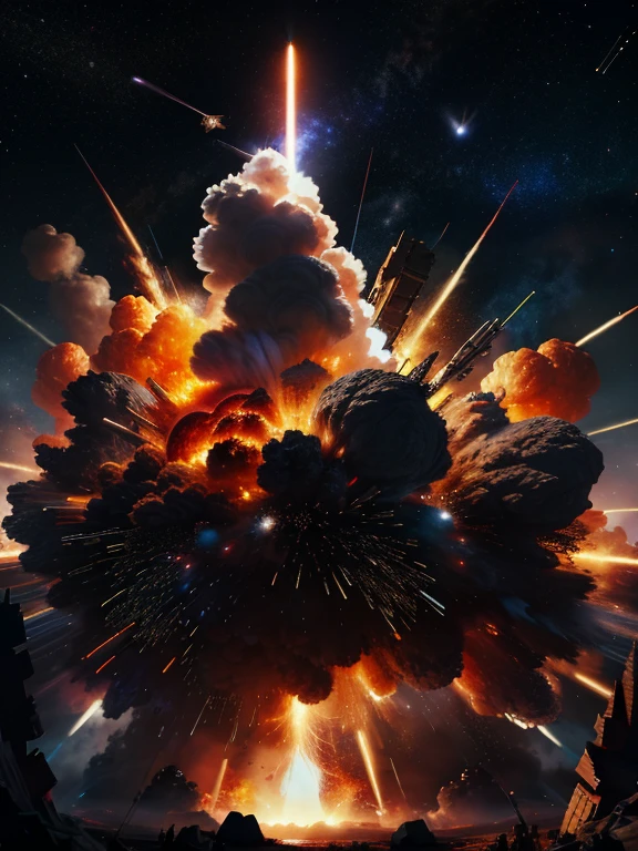 universe戦艦, universewar, Fighter, Big Explosion, universe, missile, beam, war, uhd, retina, masterpiece, ccurate, anatomically correct, textured skin, super detail, high details, high quality, best quality, highres, 4K