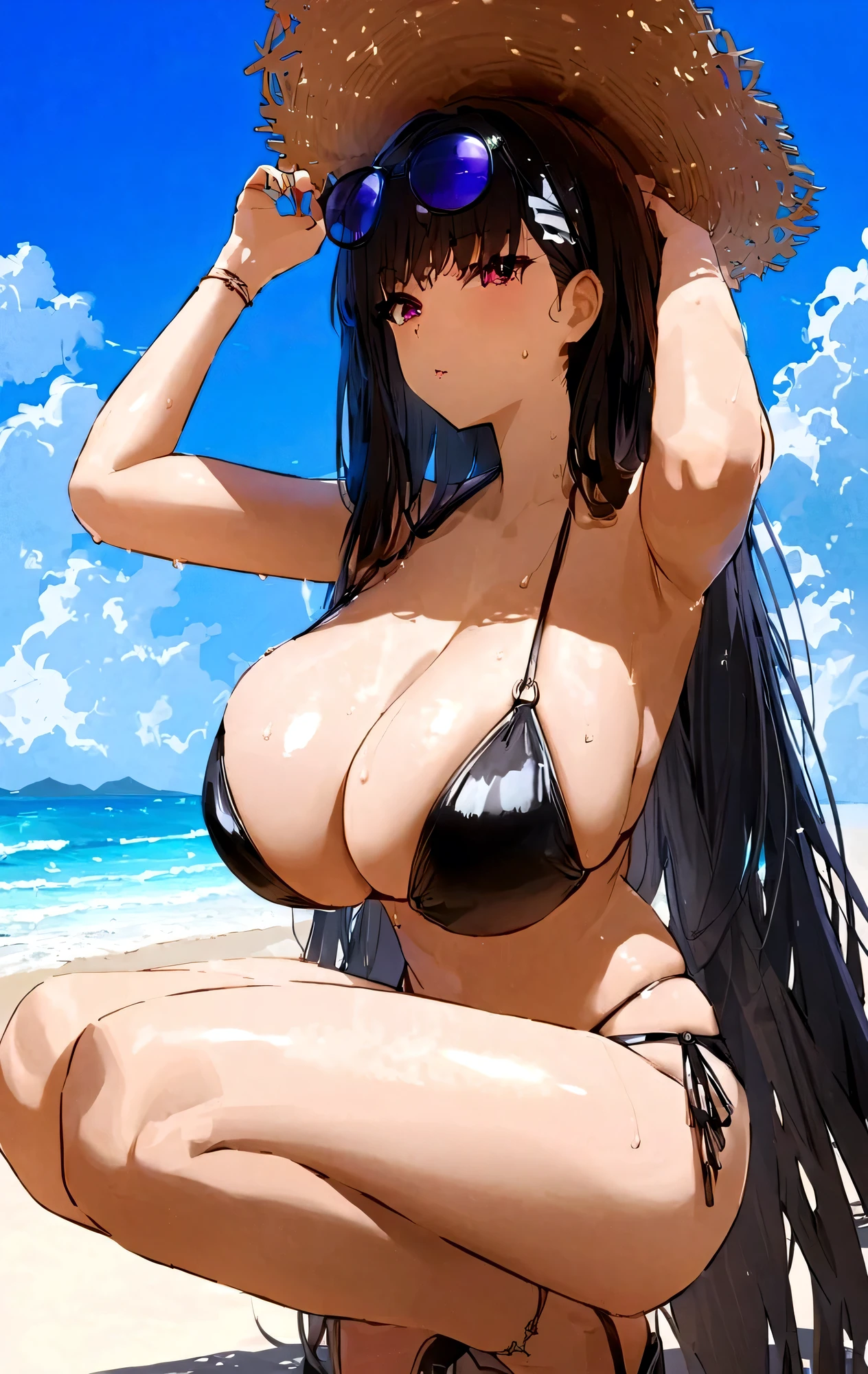 anime girl in bikini and hat at the beach上 with a hat on her head, on a sunny beach, at the beach, At the beach, on the beach, At the beach上, Big breasts, Big breasts, OPPEIN, seductive anime girl, author:Kentaro Miura, at the beach上, Large Breasts!!, reality bikini, On tropical beach