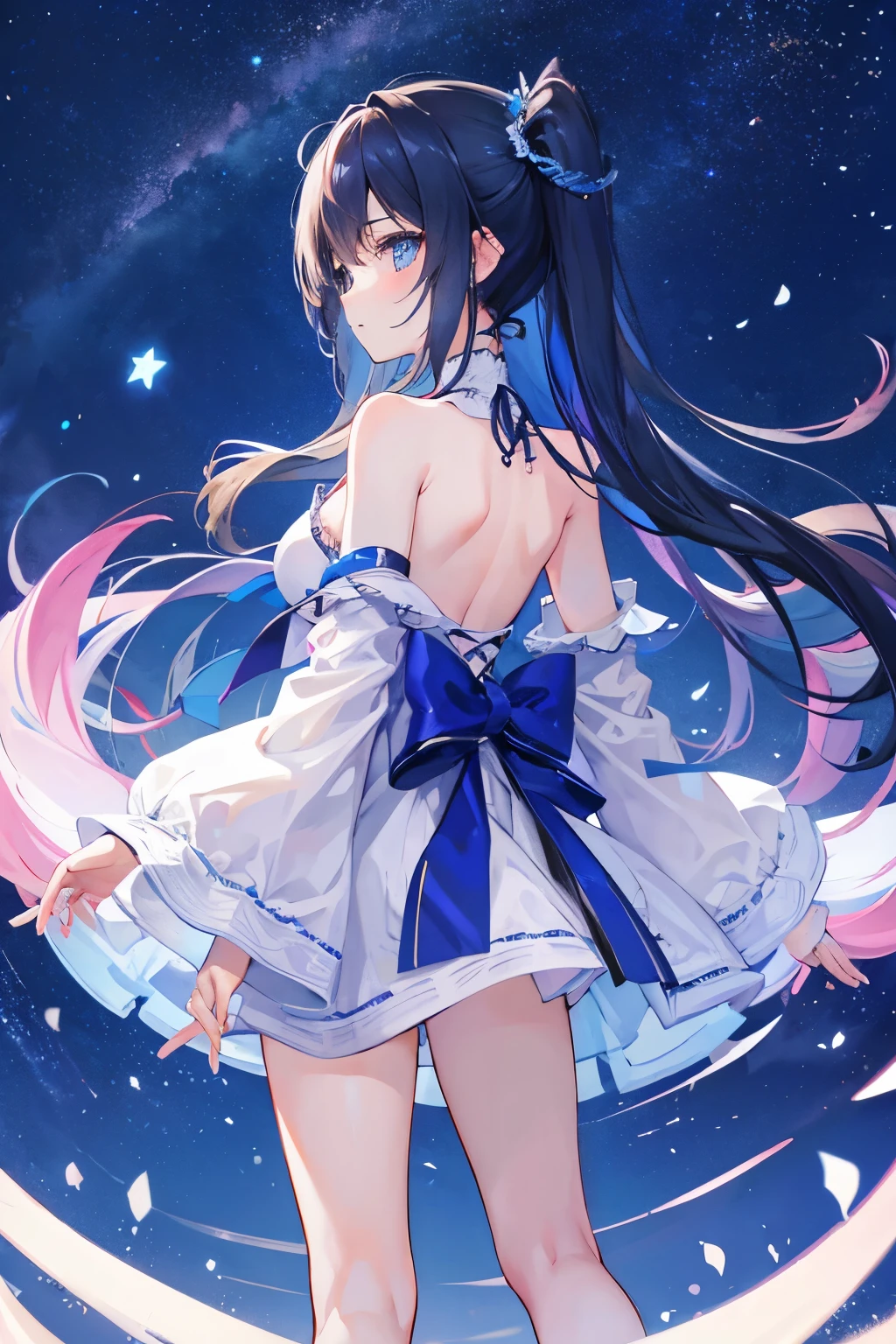 One Girl、Back view、Are standing、Under a star-filled sky