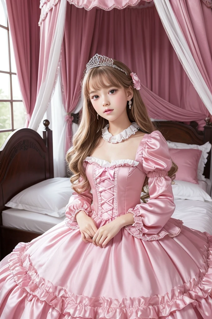 highest quality, masterpiece, highest resolution, artwork, super それにget used to it, many get used to it, get used to it, それにget used to it, 3k realistic pictures,,((10 year old s)),Ultra-detailed juvenile face,ultra-detailed beautiful little girl princess,full length ball gown dress with hoop skirt,ruffled yoke collar,puff sleeves,long sleeve,((Lolita style hot pink iled princess satin dress with lots of ruffles and ribbons)),Rococo style lolita fashion,shiny satinss,Soft and smooth fabric,detailed princess dress,luxury,long blonde hair,blue eyes,white skin european,Pajama,((in the bedroom of the palace)),luxury princess canopy king size pink bed,shiny satin sheets,ultra-detailed princess bed,High-quality background,lot of frilled pillows,on the bed,
