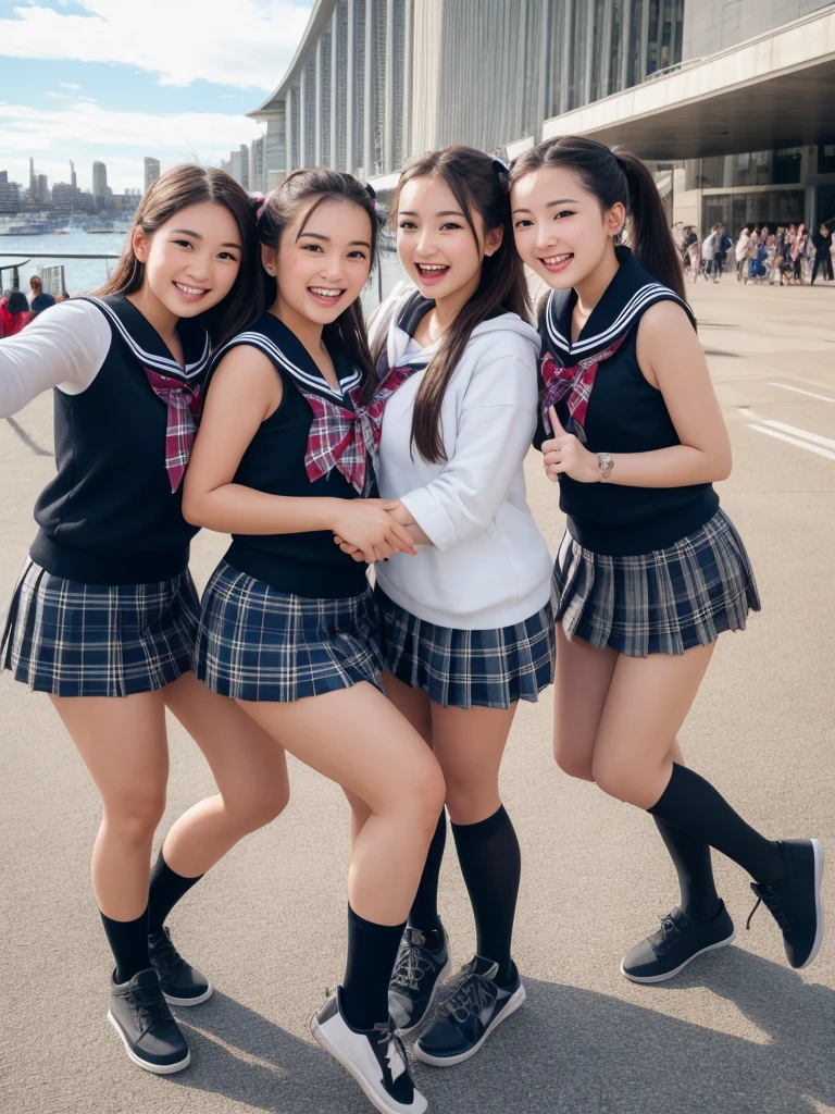 (8K、RAW photo、highest quality)、detailed background、beautiful and detailed face、beautiful and smooth skin、skin texture、professional lighting、beautiful teenage girl、(three women)、(huge breasts: 1.2)、

cute sailor suit、Pleated mini skirt with tartan plaid pattern、side pony、ponytail、cute hairstyle、ニーhigh socks、high socks、
selfie、school trip、laughing、smiling、sexual expression、sydney、Australia、Opera House、harbor bridge、darling harbor、bondi beach
、You may also take photos with the famous landmarks and symbols of your travel destination.
