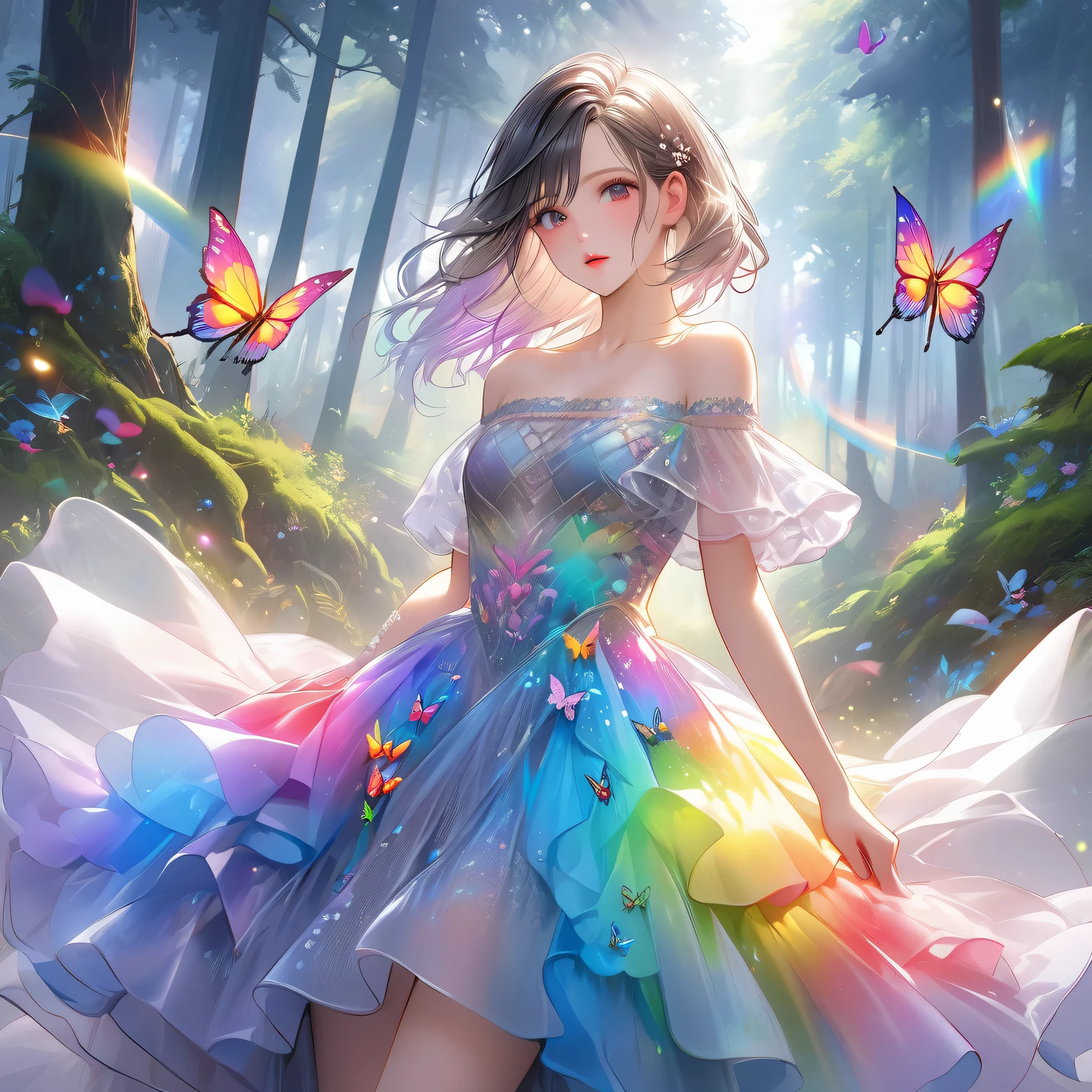 RAW Photos:1.2, masterpiece, Highest quality, 16K, Unbelievably absurd, Very detailed, Perfect beauty, Beautiful cute girl, A sheer dress, Off the shoulder, Strapless, Rainbow gradient, Tattoo butterfly arm, forest,