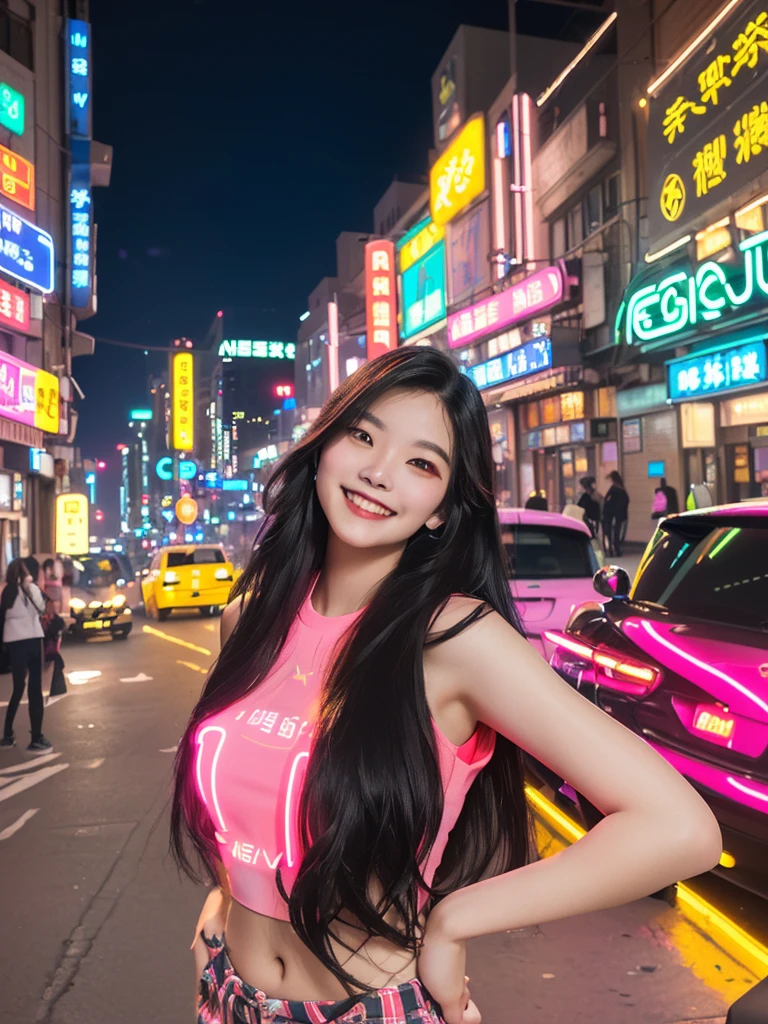 araffe woman standing on a city street at night with a mini camera, at night with neon lights, asian girl with long hair, Mischievous grin, neon lights in the background, neon city in the background, 8k selfie photograph