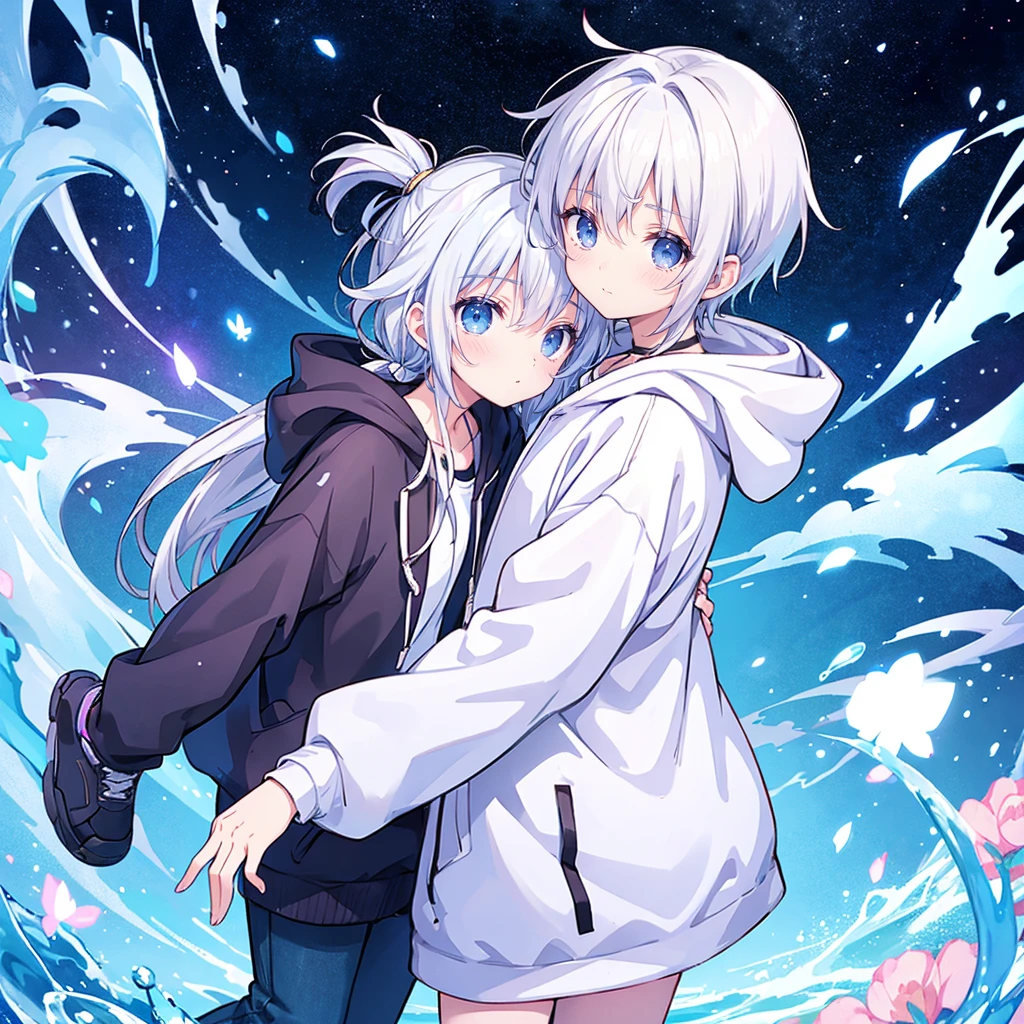 1 person、male、18-year-old、Beautiful Boy、White Hair、hoodie、Modern clothing、I'm so embarrassed、short hair、A little smile