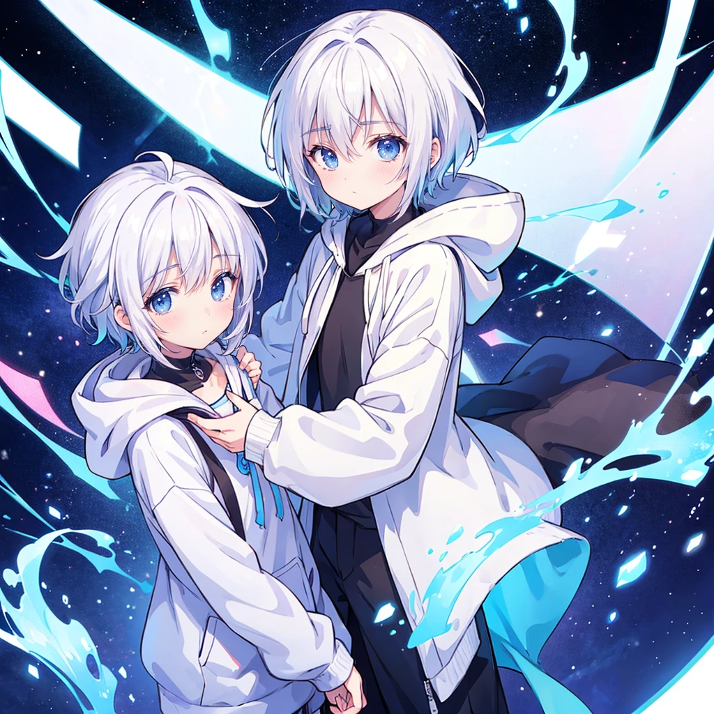 Cait Sith Boy White Hair Purple eyes with a white highlight in the center He is wearing a green hoodie with a white flower on the chest. Has brown cat ears Clinging to the incubation pod and crying A quiet laboratory dyed dark blue