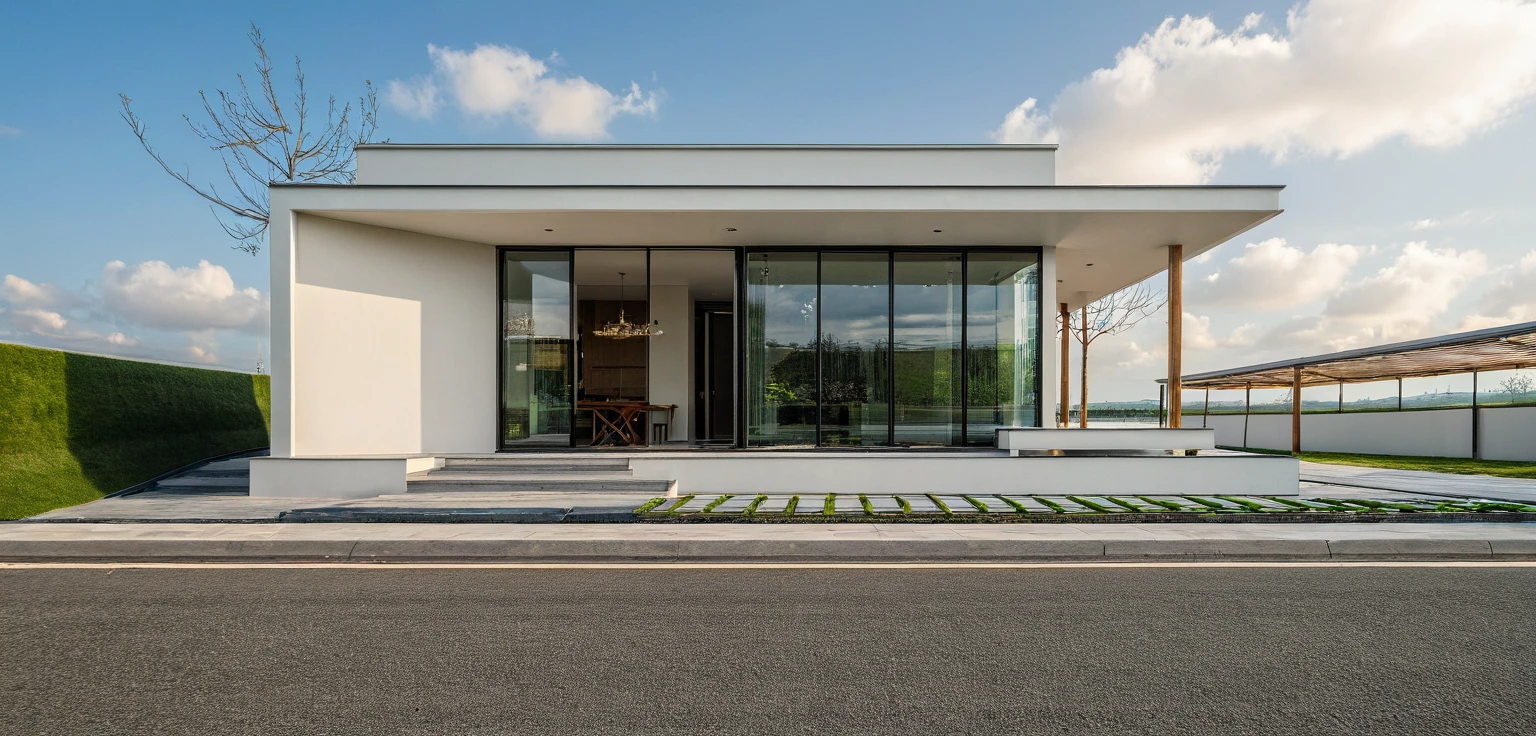 Masterpiece, high quality, best quality, authentic, super detail, outdoors, onestoreyvillaXL, aiaigroup, house style modern on the street, ((luxury villa)), stairs, white wall ,road,pavement, grass, trees, sky, cloud, (daylight:1.1),