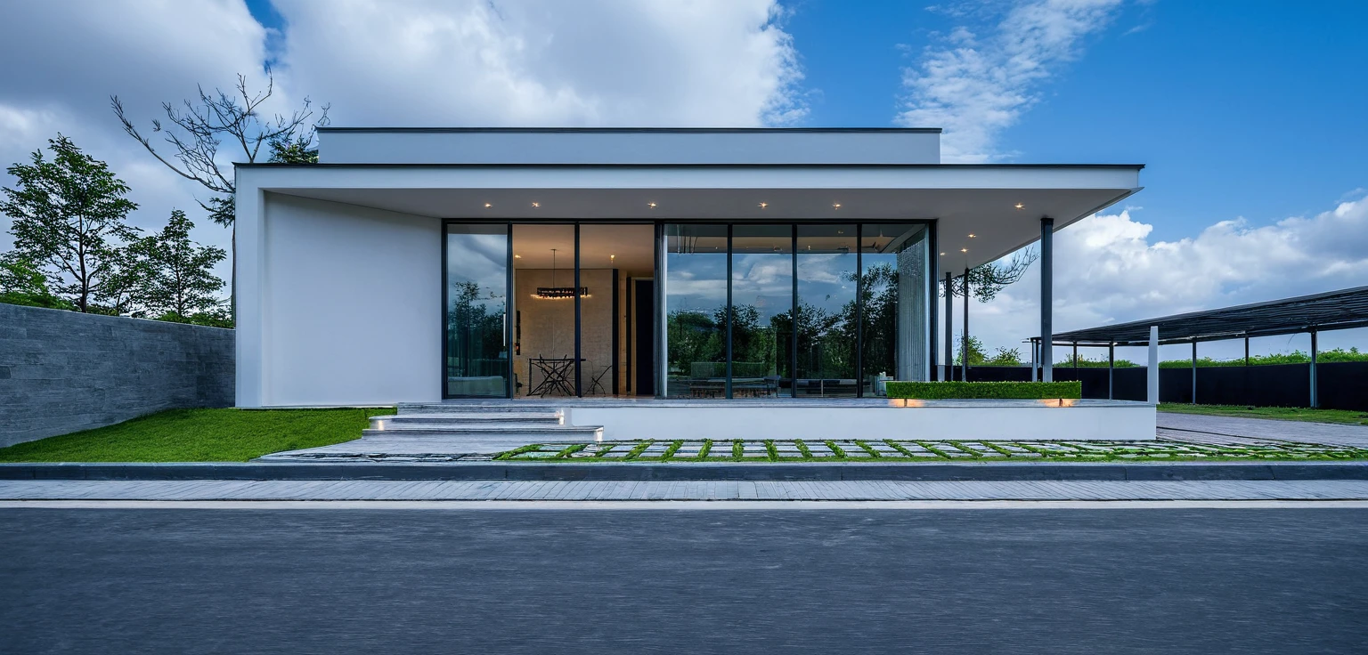 Masterpiece, high quality, best quality, authentic, super detail, outdoors, onestoreyvillaXL, aiaigroup, house style modern on the street, ((luxury villa)), stairs, white wall ,road,pavement, grass, trees, sky, cloud, (daylight:1.1),