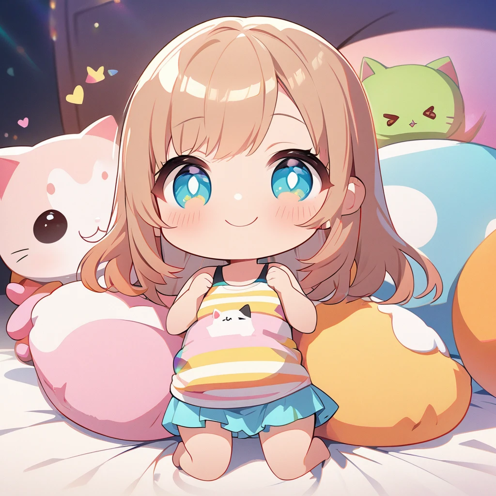 masterpiece、Highest quality、Depth of subject、((2D illustration))、1 beautiful girl、((colorful))、(((chibi style)))、((Long, beautiful hair))、Light brown hair、ribbon、cute、Beautifully detailed eyes、Tank top、((mini skirt))、(((vivid color))、((bed))、stuffed toy、((full body shot))、((Very happy face))、(( cat))、((There&#39;s a lot of pink around))、((Lens flare))、White light is shining、Sunbeam、My whole body was filled with light、Cinematic lighting、Full body lighting