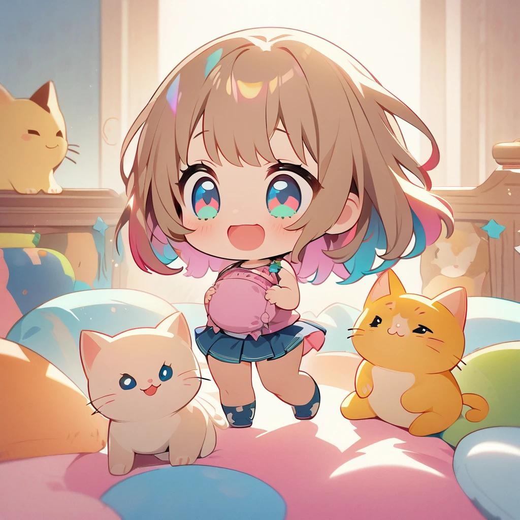 masterpiece、Highest quality、Depth of subject、((2D illustration))、1 beautiful girl、((colorful))、(((chibi style)))、((Long, beautiful hair))、Light brown hair、ribbon、cute、Beautifully detailed eyes、Tank top、((mini skirt))、(((vivid color))、((bed))、stuffed toy、((full body shot))、((Very happy face))、((baby cat))、((There's a lot of pink around))、((Lens flare))、White light is shining、Sunbeam、My whole body was filled with light、Cinematic lighting、Full body lighting