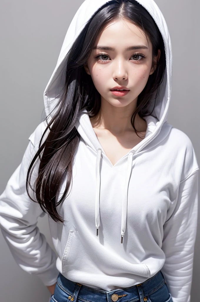 Realistic, masterpiece, Highest quality, Highest Resolution, (Gray blank background:1.3), (1girl:1.3), Shot from thigh up, 20-year-old, Sharp Eyes, Chin up, Spacey and with mouth open, Slightly to the side, (Beautiful narrow eyes, (Iris:1.2)), (Hidden eyelid wrinkles:1.2), Thin eyebrows, Draw eyelashes carefully, Natural Makeup, (Long Hair, Straight Hair, Silver Hair), (White hoodie and denim hot pants:1.3)