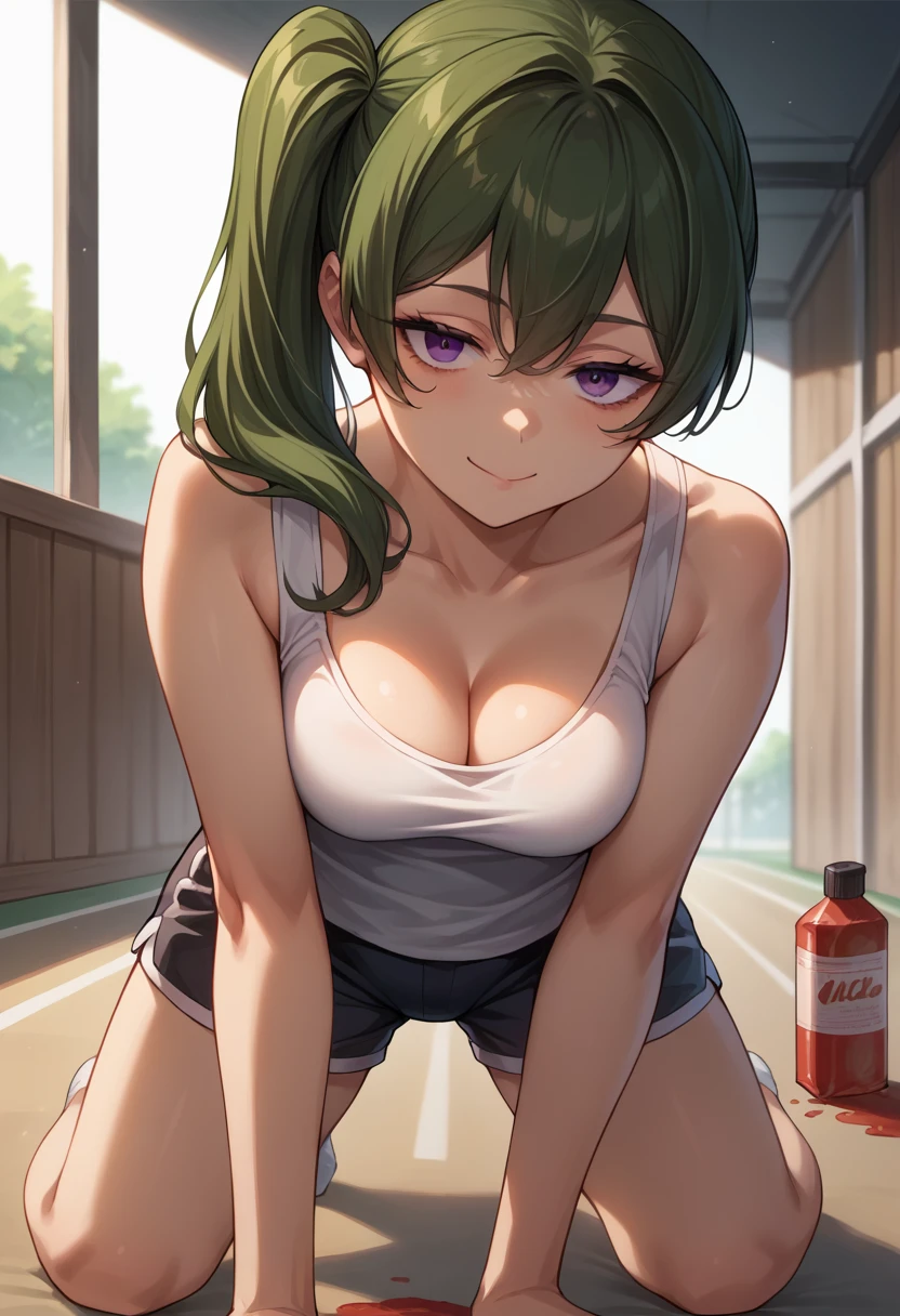 score_9, score_8_superior, sauce_anime, One girl, alone, Uberfreeze, Purple eyes, Dark green hair, Medium Hair, Side Ponytail, On all fours、Backwards, ベッドのsuperior, Cleavage, Captivating smile, Tank top, Down blouse, Gym Shorts, 