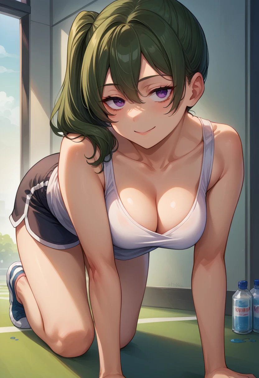 score_9, score_8_superior, sauce_anime, One girl, alone, Uberfreeze, Purple eyes, Dark green hair, Medium Hair, Side Ponytail, On all fours、Backwards, ベッドのsuperior, Cleavage, Captivating smile, Tank top, Down blouse, Gym Shorts,