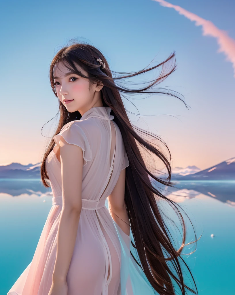(Highest quality, 32k, High resolution, Masterpiece:1.5), marimo_jet, god々A photograph with brilliant dazzling and healing power., Expressing emotions, Have a rich imagination, Beautiful Japanese Girls, An exceptionally beautiful face, Small Face Beauty, , Perfect Human Anatomy, Magical big eyes, Motherhood and generosity, Deep Love, fleeting smile, Shiny black hair, Beautiful super long hair swaying in the wind, Asymmetrical bangs, Hair between the eyes, Transparent, soft white skin, Sharp eyebrows, Thin lashes, Natural Makeup, Cheek highlighter, Pale pink detailed lips, (Red dress:1.3), ((High resolutionの美しい太もも)), ((Distant Horizon:1.5)), ((Salar de Uyuni stretches to the horizon:1.3)), ((The earth reflects the sky like a mirror:1.3)), Beautiful detailed blue sky, Professional photographer, Professional Lighting, Professional models
