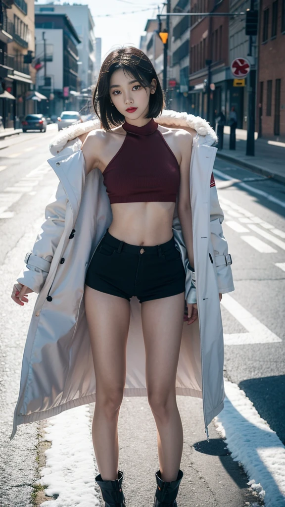 best quality, 4K, 8K, Delicate face, Clear face, pretty girl, Korean Makeup, Red lips, lol, Perfect body,Shoulder-length black short straight hair,Small Breasts,thigh,Slim,Thin, The girl wore a long and wide coat, Under the jacket is a top tube and tight shorts, Lower abdomen, Snow Scene, winter, street,