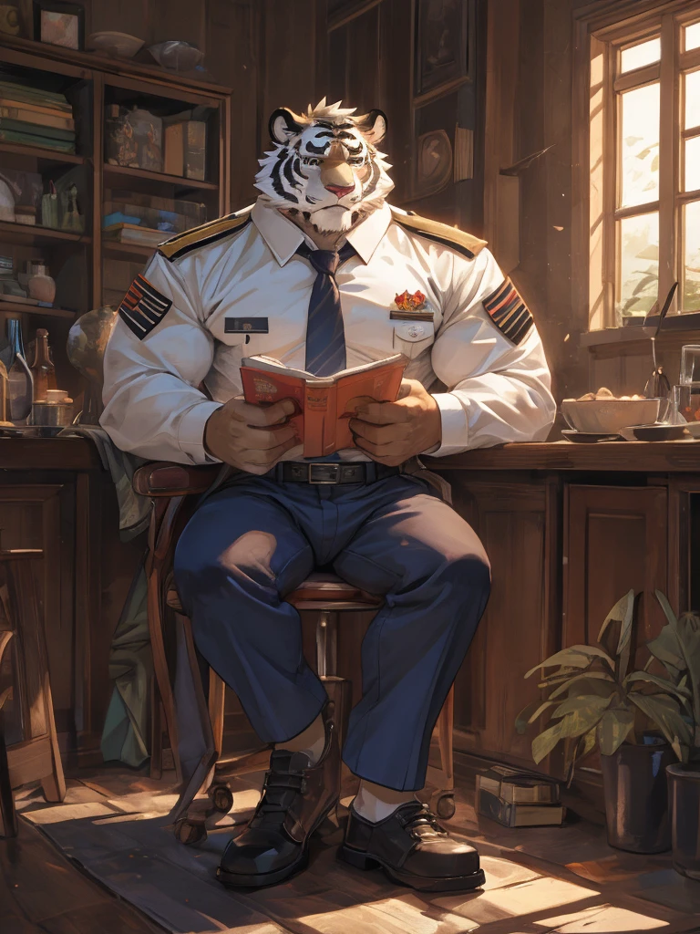 {{bara extremely handsome white tiger,}} {{white fur,}} white, wearing military like purple trench coat purple trousers and white dress shirt and necktie, white fluffy furry body and limbs, loafers, very tall, very broad shoulders, narrow waist, muscular arms, massive pecs, purple eyes, very long legs, sitting on swivel chair with legs spread, massive bulge, reading file, sophisticated smart look, full body, sunlight casting over, 3/4 view, best quality, high quality, silver earring on left ear, dead stare, cold expression