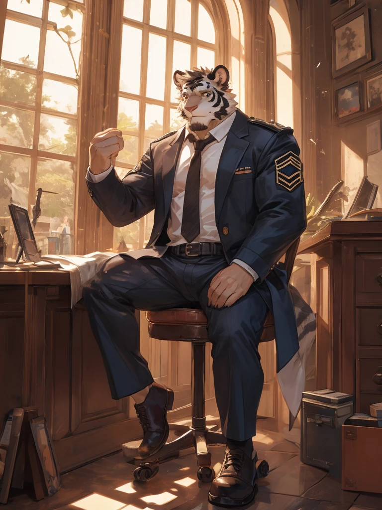 {{bara extremely handsome white tiger,}} {{white fur,}} white, wearing military like purple trench coat purple trousers and white dress shirt and necktie, white fluffy furry body and limbs, loafers, very tall, very broad shoulders, narrow waist, muscular arms, massive pecs, purple eyes, very long legs,  sitting on swivel chair with legs spread, massive bulge, reading file, sophisticated smart look, full body, sunlight casting over, 3/4 view, best quality, high quality, silver earring on left ear, dead stare, cold expression