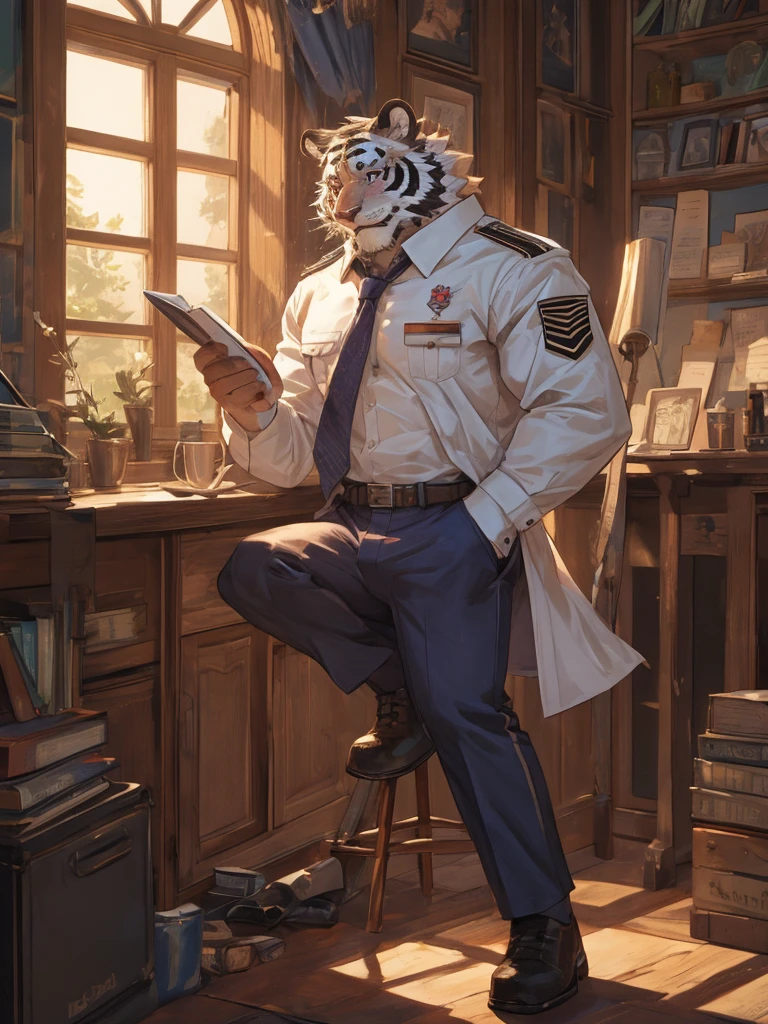 {{bara extremely handsome white tiger,}} {{white fur,}} white, wearing military like purple trench coat purple trousers and white dress shirt and necktie, white fluffy furry body and limbs, loafers, very tall, very broad shoulders, narrow waist, muscular arms, massive pecs, purple eyes, very long legs, sitting on swivel chair with legs spread, massive bulge, reading file, sophisticated smart look, full body, sunlight casting over, 3/4 view, best quality, high quality, silver earring on left ear, dead stare, cold expression